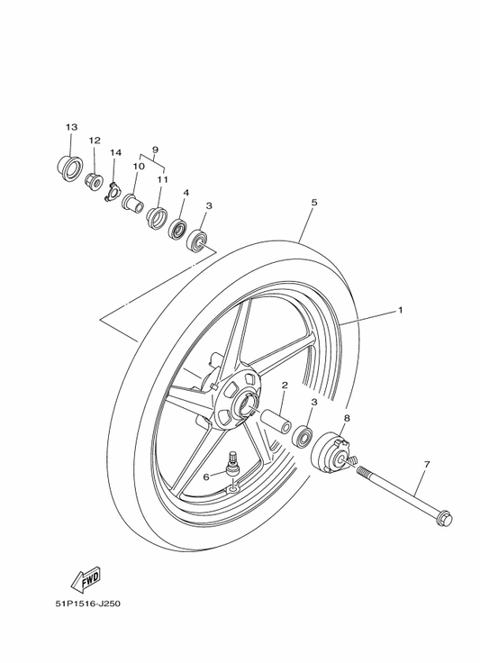 Yamaha 5VL-F5181-11 Axle, Wheel — shown on the Front Wheel parts diagram