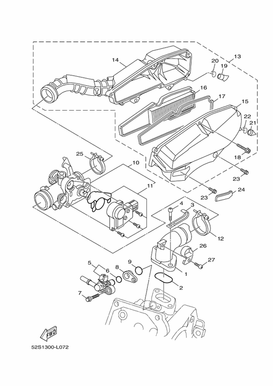 Yamaha 52S-13770-01 Injector Assy — shown on the Intake parts diagram