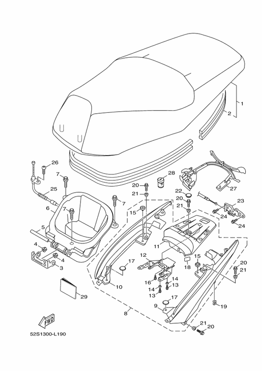 Yamaha 52S-F477D-00-3X Seat Handle Assy. — shown on the Seat parts diagram