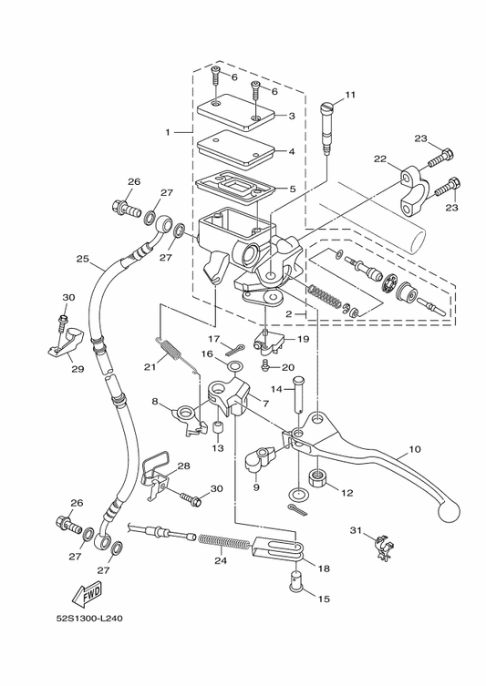 Yamaha 5C3-26168-01 Knocker — shown on the Front Master Cylinder parts diagram