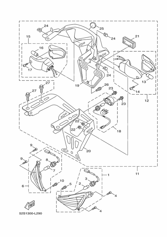 Yamaha 52S-H3320-00 Front Flasher Light Assy 2 — shown on the Flasher Light parts diagram