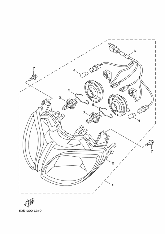 Yamaha 52S-H4340-00 . Socket Cord Assy 1 — shown on the Headlight parts diagram