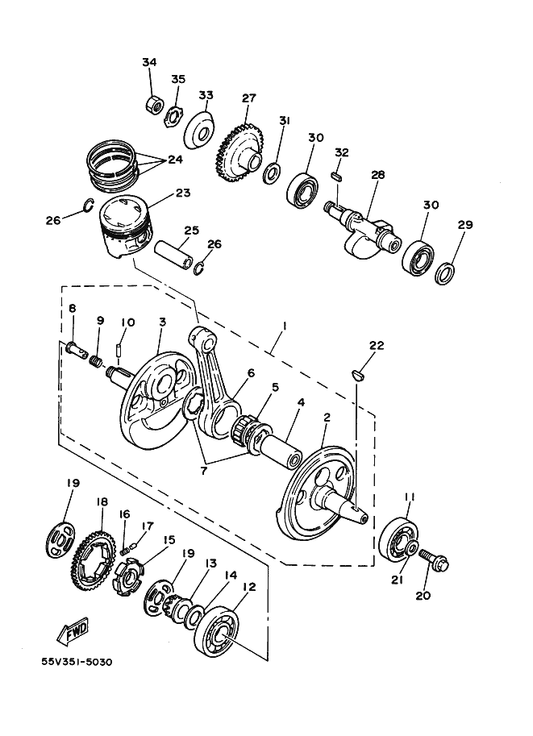 Yamaha 55V-11633-00 Pin, Piston — shown on the Crankshaft & Piston parts diagram