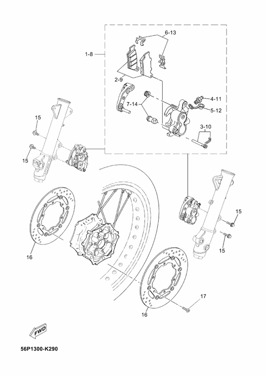 Yamaha 56P-F580U-00 Caliper Assy (Right) — shown on the Front Brake parts diagram