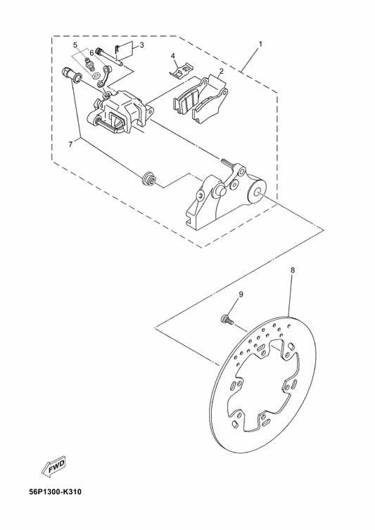Yamaha 56P-F580W-10 Caliper Assy, Rear 2 — shown on the Rear Brake parts diagram