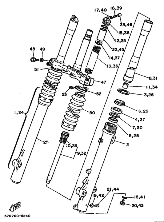 Yamaha 3R6-23173-L0 . Spindle, Taper — shown on the Front Fork parts diagram