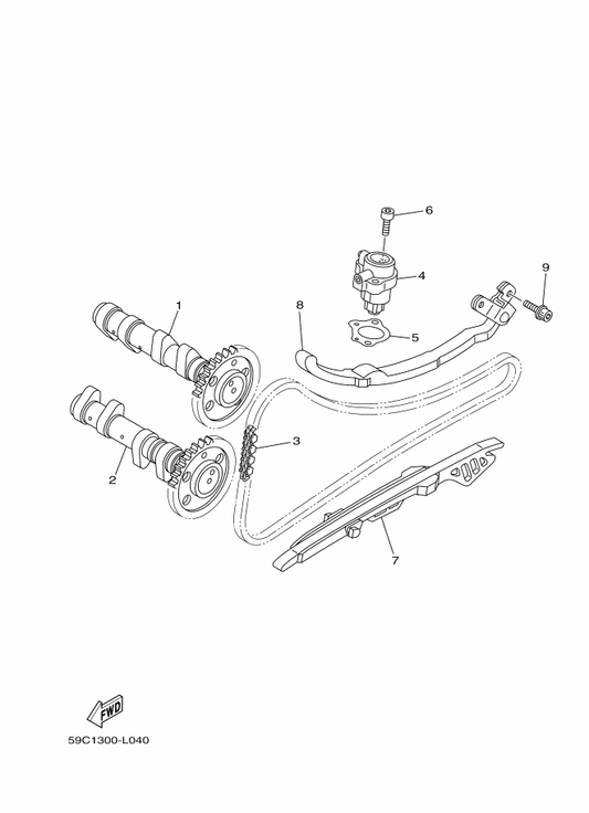 Yamaha 59C-12251-00 Damper, Chain 1 — shown on the Camshaft & Chain parts diagram