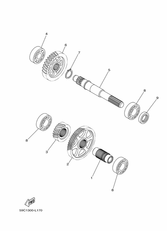 Yamaha 59C-17411-00 Axle, Main — shown on the Transmission parts diagram