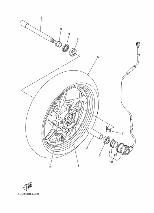 Yamaha 59C-25168-00-8L Cast Wheel, Front — shown on the Front Wheel parts diagram