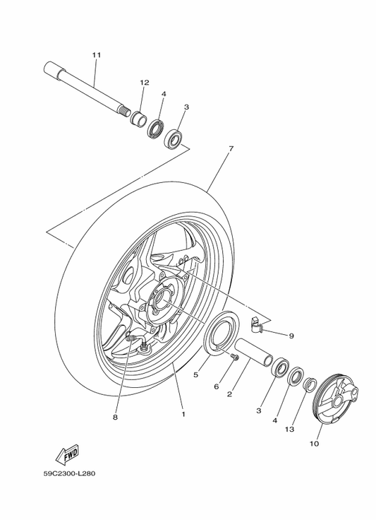 Yamaha 59C-25168-10-0X Cast Wheel, Front — shown on the Front Wheel parts diagram