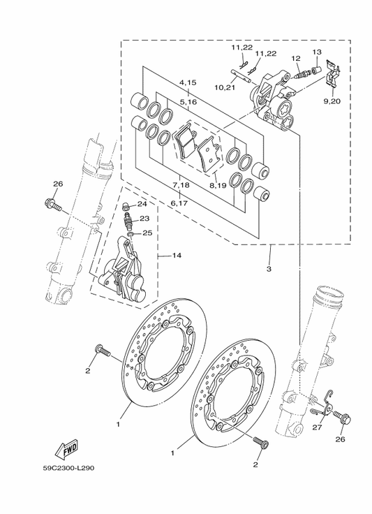Yamaha 4B5-2580U-30 Caliper Assy (Right) — shown on the Front Brake Caliper parts diagram