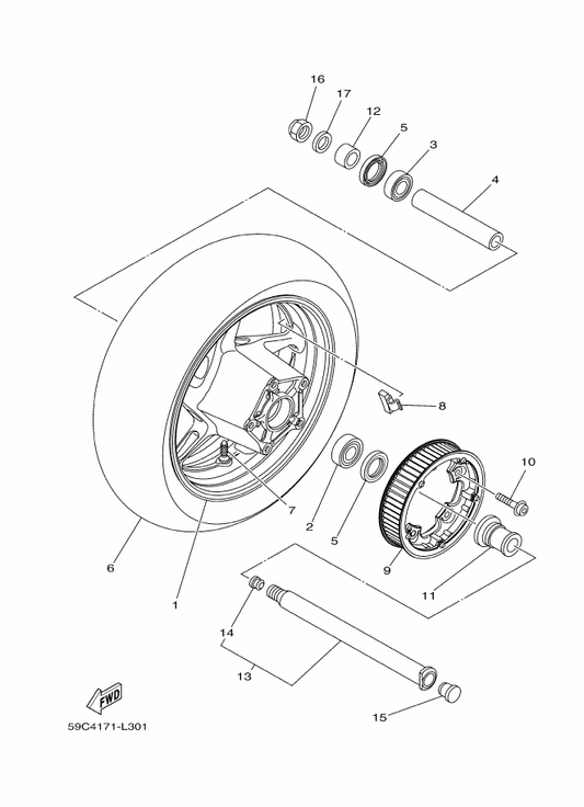 Yamaha 59C-25338-00-8L Cast Wheel, Rear — shown on the Rear Wheel parts diagram
