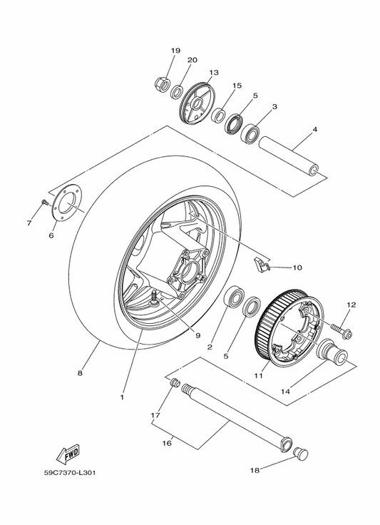 Yamaha 59C-25338-10-33 Cast Wheel, Rear — shown on the Rear Wheel parts diagram