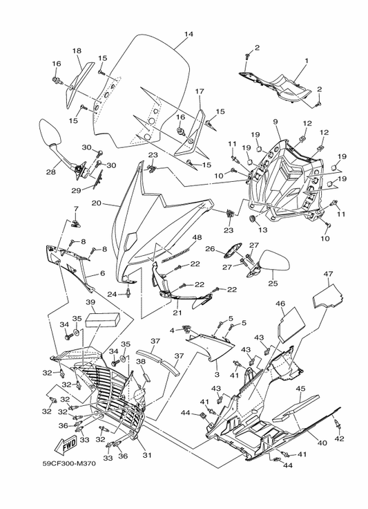 Yamaha 59C-28328-00 Emblem — shown on the Windshield parts diagram