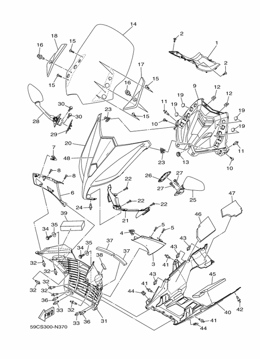 Yamaha 59C-26290-00 Rear View Mirror Assy (Right) — shown on the Windshield parts diagram