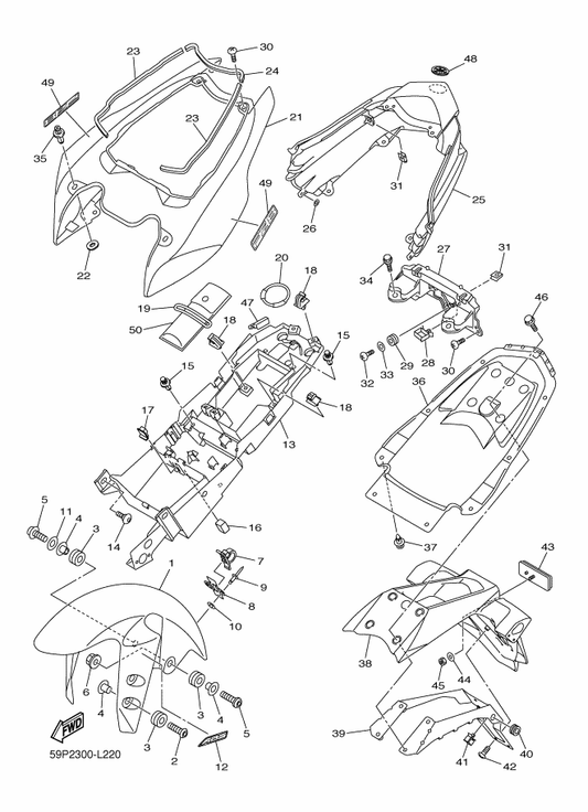 Yamaha 39P-21651-00-P0 Cover, Rear Fender — shown on the Fender parts diagram