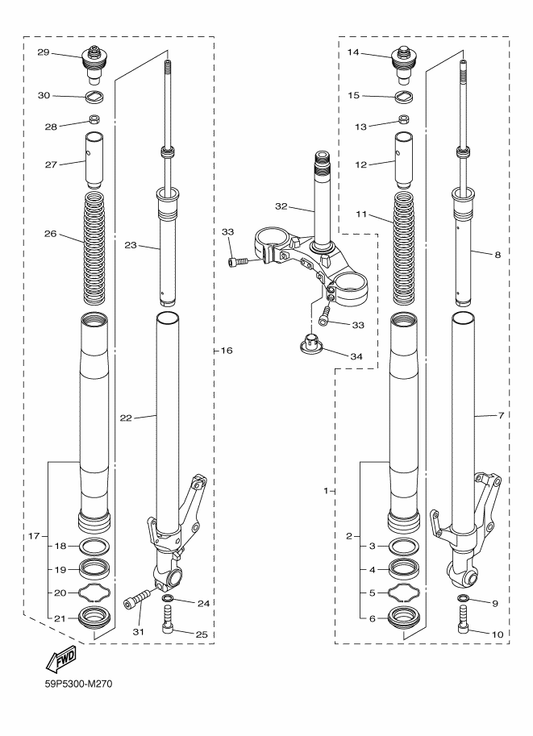 Yamaha 39P-23111-30 . Bolt, Cap — shown on the Front Fork parts diagram