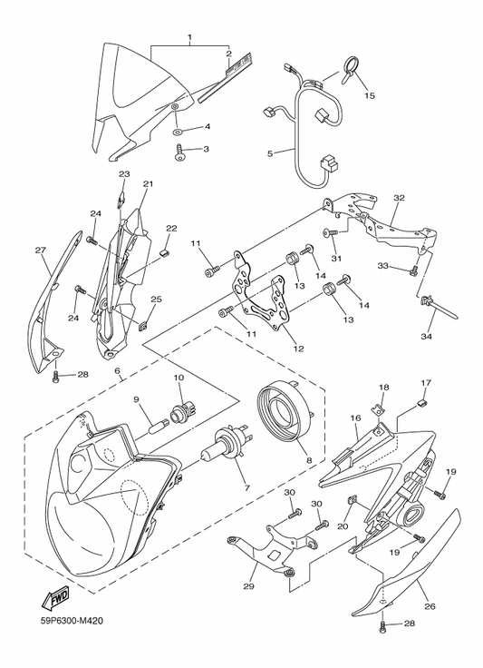 Yamaha 39P-283G4-00 . Graphic, 1 — shown on the Headlight parts diagram