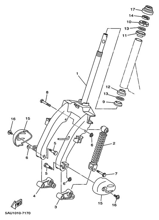 Yamaha 5AU-23340-00 アンダブラケツトコンプリート — shown on the フロントフオーク parts diagram