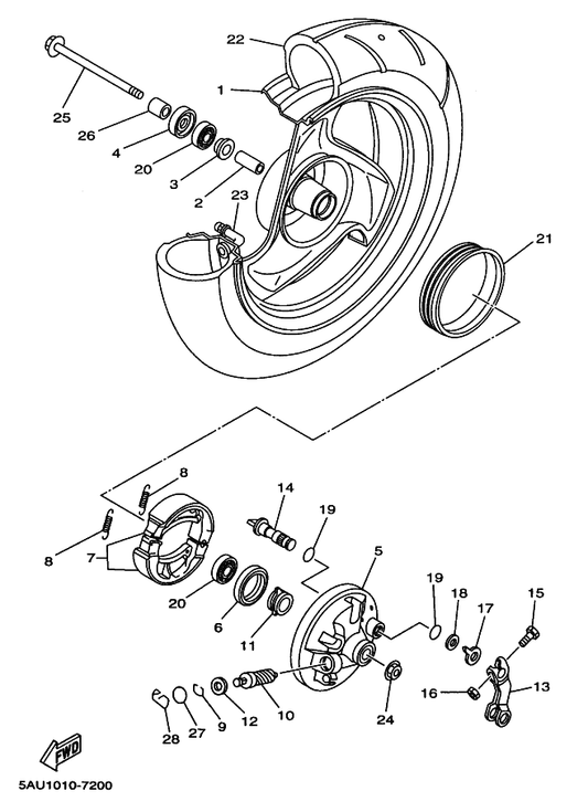 Yamaha 14T-25135-00 ギア,ドライブ — shown on the フロントホイール parts diagram