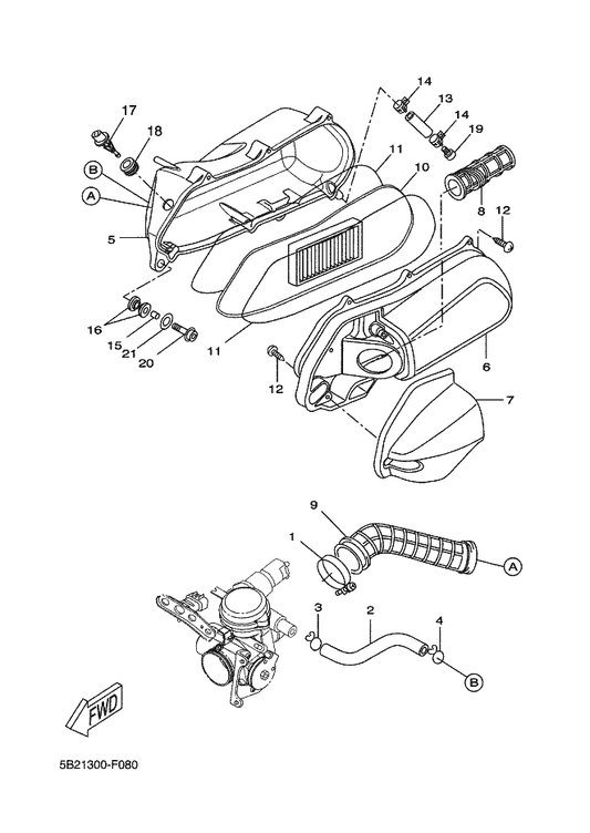 Yamaha 1C0-E4453-20 Joint, Air Cleaner 1 — shown on the Intake parts diagram