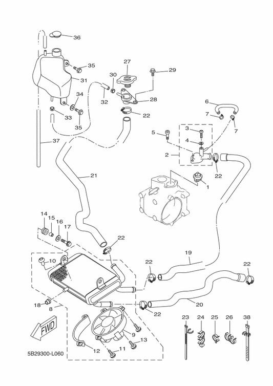 Yamaha 5MF-E2487-10 Clip 2 — shown on the Radiator & Hose parts diagram