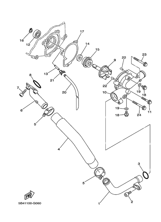 Yamaha 5B4-12481-00 Pipe 1 — shown on the Water Pump parts diagram