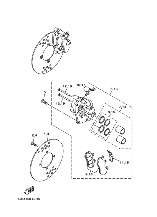 Yamaha 5B4-2580T-01 Caliper Assy (Left) — shown on the Front Brake Caliper parts diagram