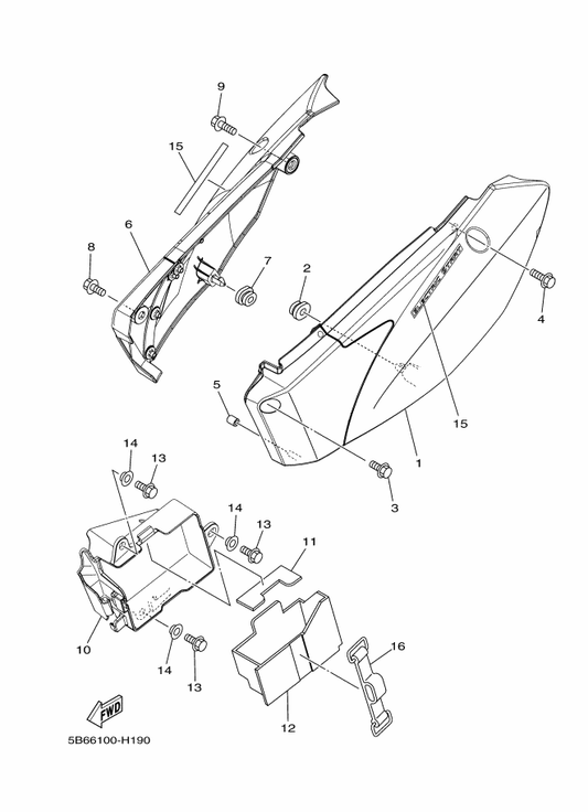 Yamaha 5B6-21737-00 Emblem — shown on the Side Cover parts diagram