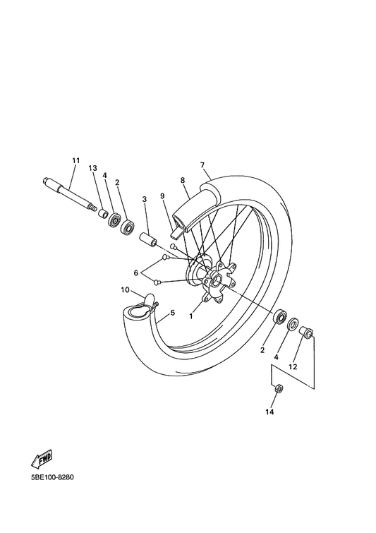Yamaha 5BE-25186-00 Collar, Wheel — shown on the Front Wheel parts diagram