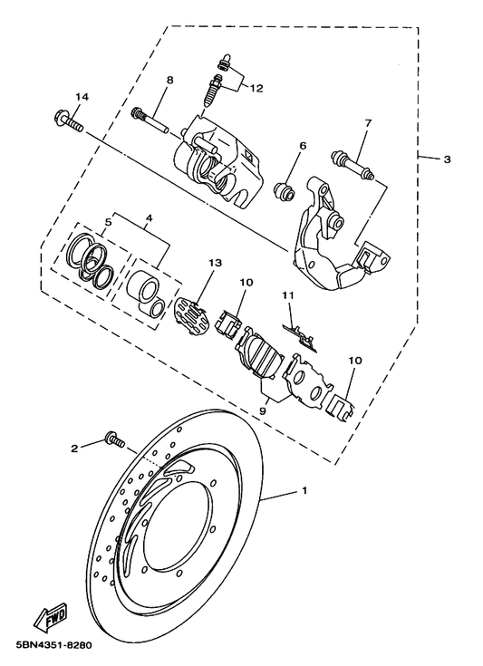 Yamaha 3YX-25926-00 . Bolt — shown on the Front Brake Caliper parts diagram