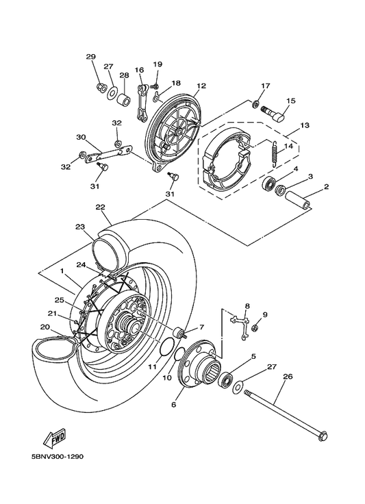 Yamaha 94117-15009 Tire (170/80-15 M/C 77S D404) — shown on the Rear Wheel parts diagram