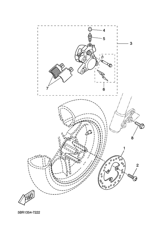 Yamaha 5ME-F5919-00 . Support, Pad — shown on the Front Brake Caliper parts diagram