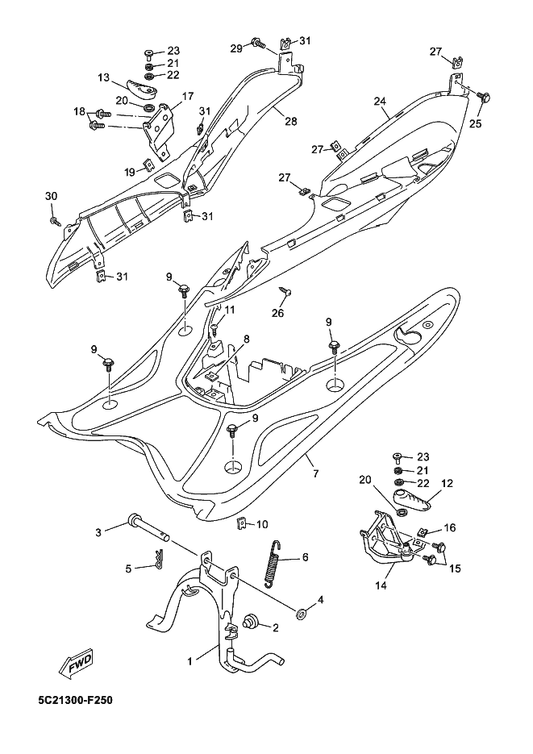 Yamaha 90202-10120 . Washer, Plate — shown on the Stand & Footrest parts diagram