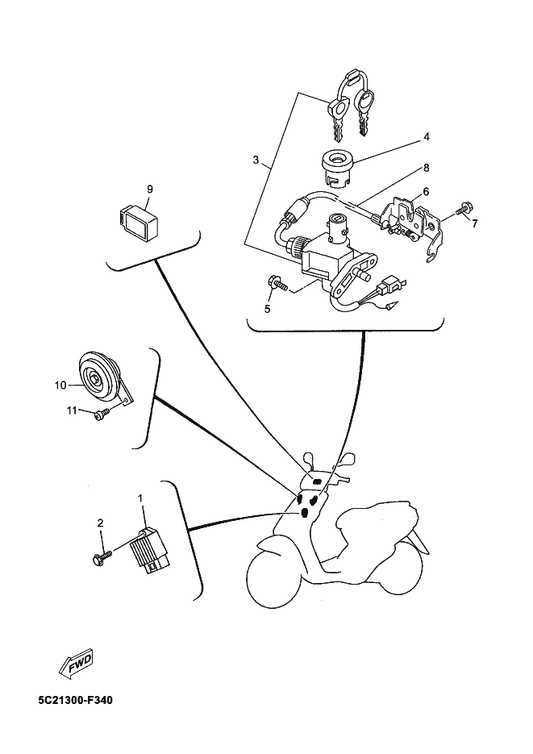 Yamaha 2DK-H2501-00 Main Switch Steering Lock — shown on the Electrical 1 parts diagram