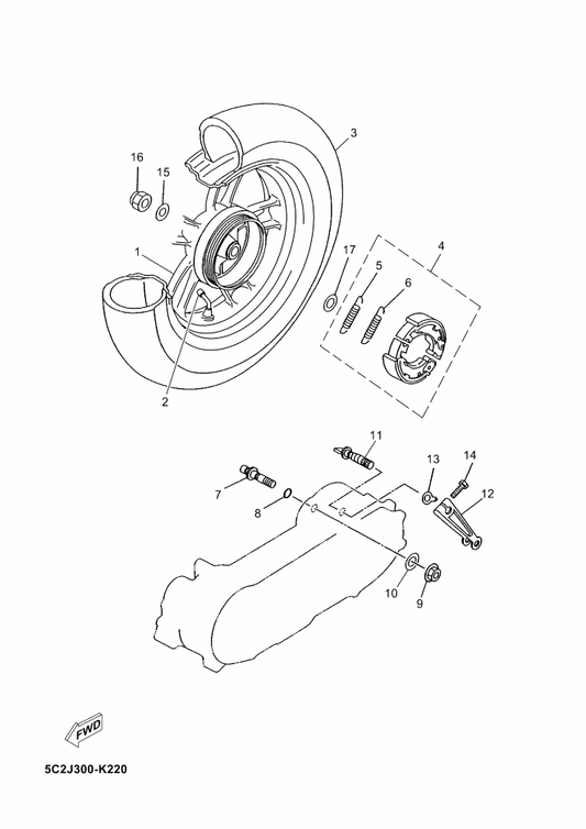 Yamaha 5C2-F5338-10 Cast Wheel, Rear — shown on the Rear Wheel parts diagram