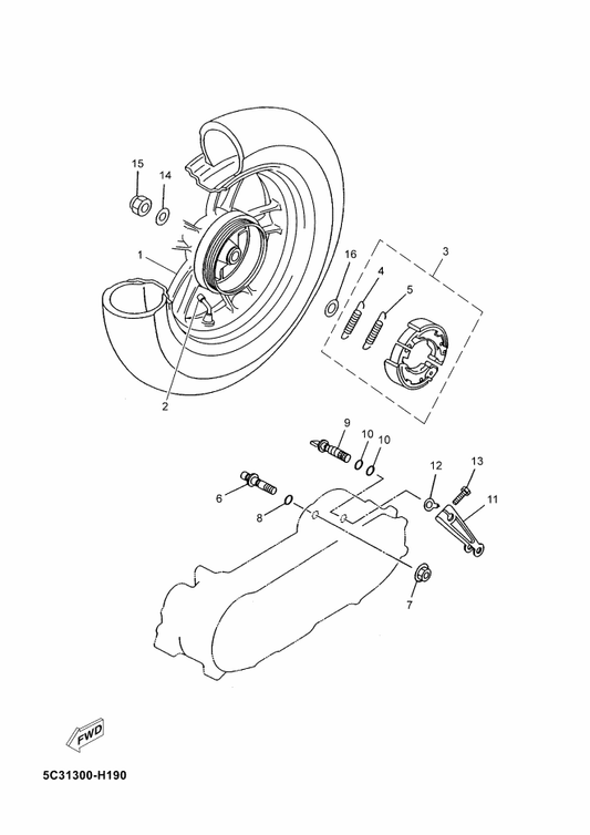 Yamaha 5C3-F5338-00 Cast Wheel, Rear — shown on the Rear Wheel parts diagram