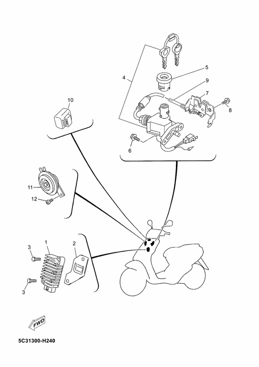 Yamaha 5C3-F1287-00 Bracket, Regulator — shown on the Electrical 1 parts diagram