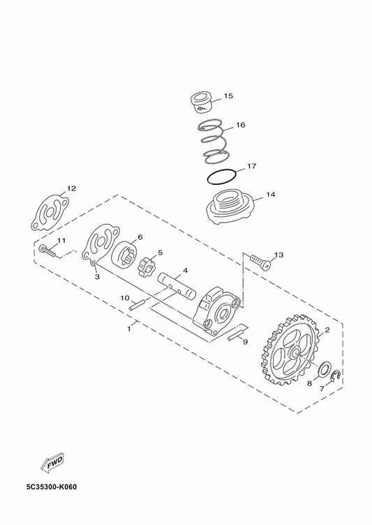 Yamaha 5ST-E3365-00 . Screw Pan Head — shown on the Oil Pump parts diagram