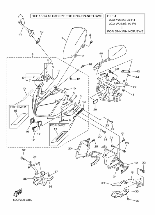 Yamaha 3C3-Y283G-0J-P4 Body, Front Upper 1 — shown on the Cowling 1 parts diagram