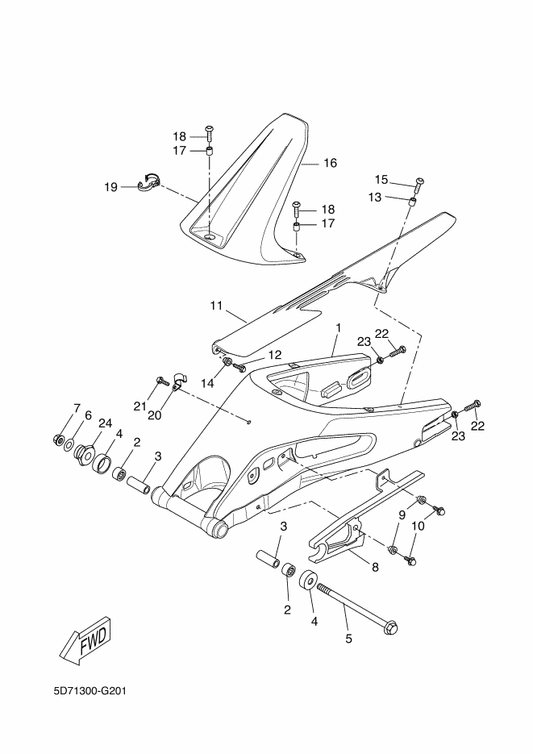 Yamaha 5D7-F2141-00 Shaft, Pivot — shown on the Rear Arm parts diagram