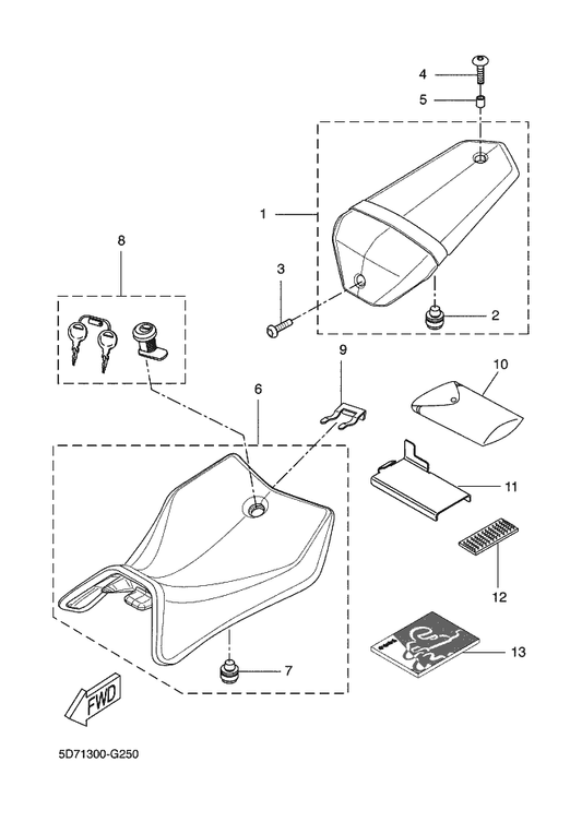 Yamaha 5D7-F4705-01 Seat Lock Assy — shown on the Seat parts diagram