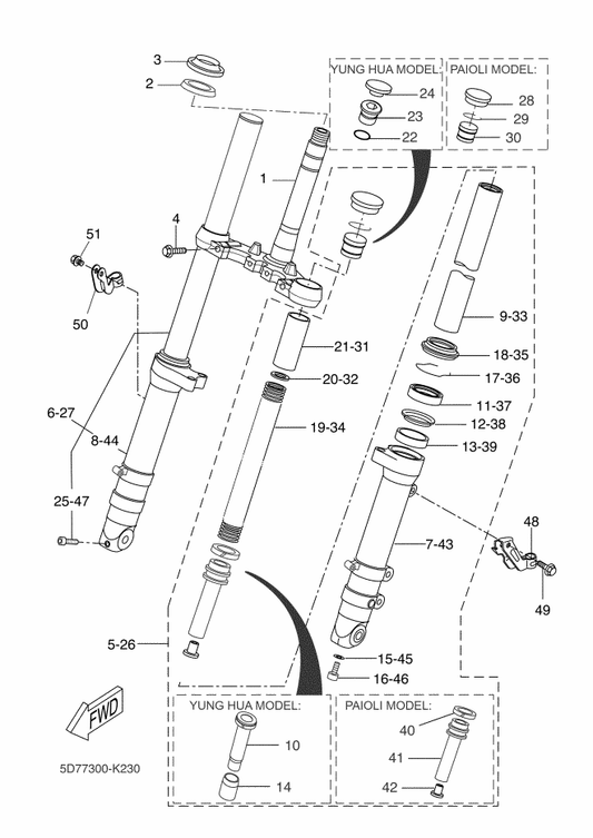 Yamaha 5DS-F3144-00 . Seal, Dust — shown on the Front Fork parts diagram