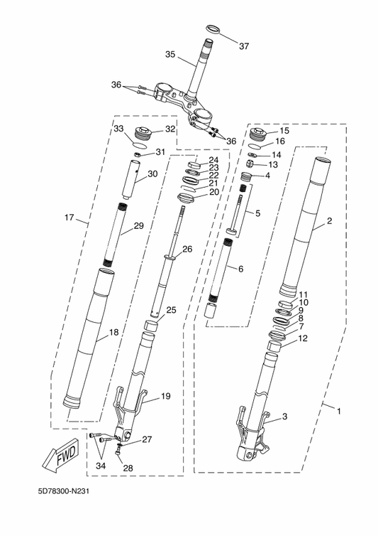 Yamaha 5D7-F3136-30 . Tube, Outer — shown on the Front Fork parts diagram