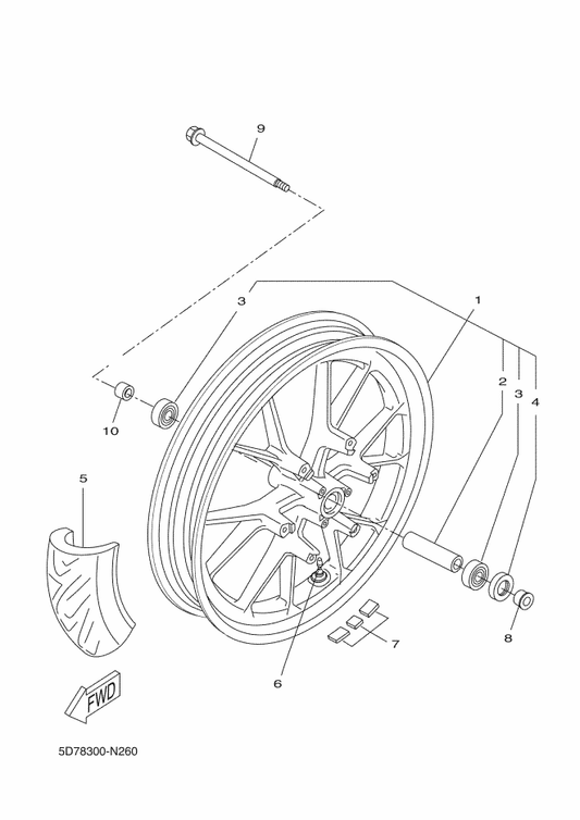 Yamaha 5D7-F5160-81 Cast Wheel, Front — shown on the Front Wheel parts diagram