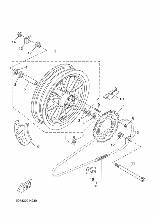 Yamaha 5D7-F5370-90 Cast Wheel, Rear — shown on the Rear Wheel parts diagram