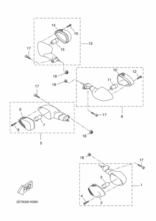Yamaha 5D7-H3330-20 Rear Flasher Light Assy 1 — shown on the Flasher Light parts diagram