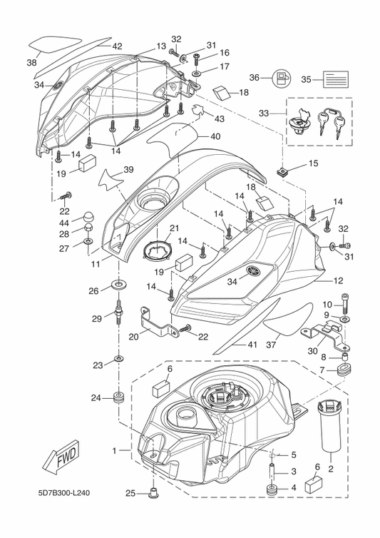 Yamaha 5D7-F4602-02 Cap Assy — shown on the Fuel Tank parts diagram