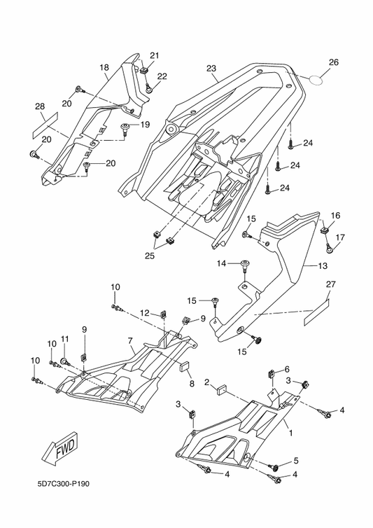 Yamaha 5D7-F153A-10 Emblem, Yamaha — shown on the Side Cover parts diagram