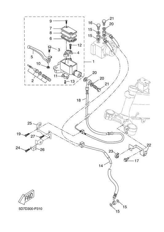 Yamaha 5D7-F5872-31 Hose, Brake 1 — shown on the Front Master Cylinder parts diagram